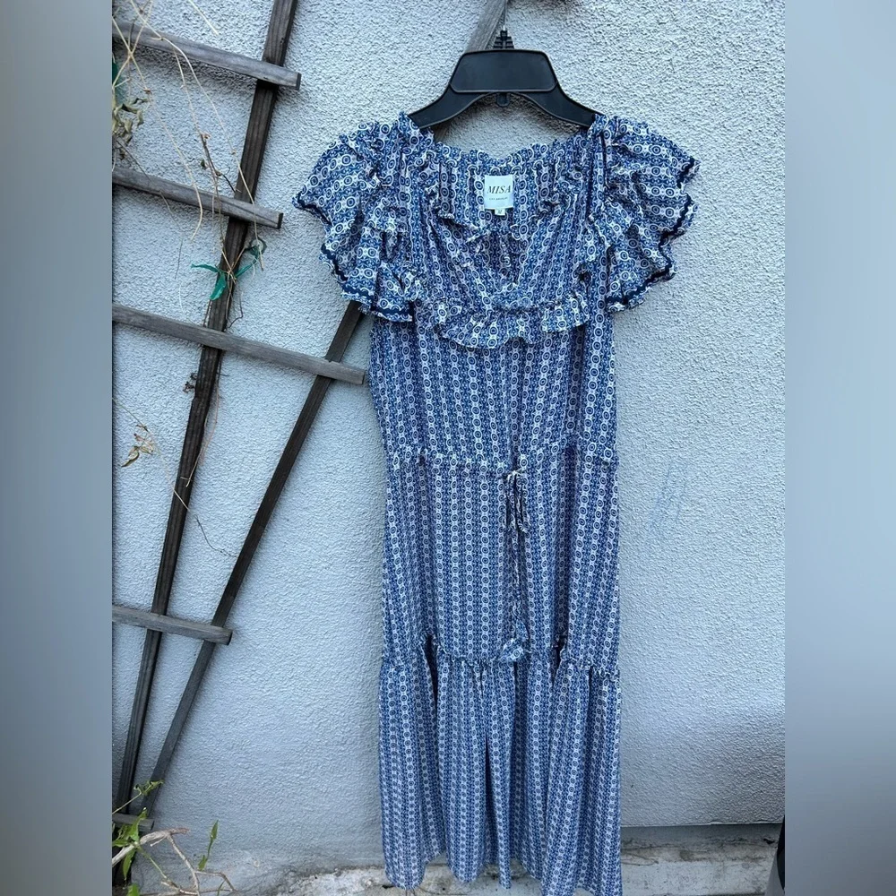 MISA Los Angeles Melissa Dress Blue Geometric Printed Chiffon Ruffled - Picture 4 of 7